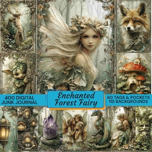 400 Enchanted Forest Fairy Junk Journal Kit, 115+ FREE Backgrounds, 60 Tags & Pockets, Magic Fae Ephemera, Whimsical Mystical Paper PNG image 1