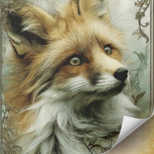 May include: A detailed portrait of a fox with reddish-brown fur, a white muzzle, and striking green eyes. The fox is looking upwards, with a soft, blurred background. The image has a painterly quality, with delicate details in the fur and foliage.
