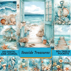 Può includere: Un diario digitale intitolato "Seaside Treasures" con un tema acquerello. L'immagine presenta varie scene di spiaggia, tra cui conchiglie, un molo e una casa sulla spiaggia, il tutto in tonalità di blu e bianco. Il testo include "250 Digital Junk Journal" e "60+ Tags & Pockets."