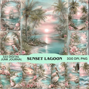 May include: Digital junk journal pages featuring a tropical sunset lagoon scene. The artwork includes palm trees, ocean views, birds, and seashells. The text "Sunset Lagoon" is displayed in a green banner.