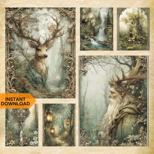 May include: A collection of fantasy art prints featuring forest scenes with mystical creatures. The prints include a deer with antlers, a waterfall, a forest with a tree, a key, a path with lanterns, and a wise man with antlers. The art has a vintage, ethereal style.