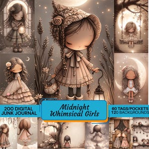 Midnight Whimsical Girls Digital Junk Journal, 320 PNG, Tags, Backgrounds, Moon, Stars, Girls, Journaling, Scrapbooking, (Digital download)