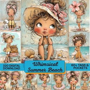 Peut inclure: Collection d'impressions d'art numérique fantaisistes représentant des scènes de plage avec des filles de dessins animés. Les filles sont dans diverses poses, vêtues de tenues d'été et entourées d'éléments de plage. Le texte "Whimsical Summer Beach" est affiché.