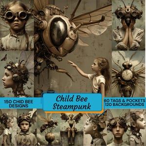 Può includere: Un collage digitale con illustrazioni color seppia di bambini che indossano occhiali e ali meccaniche, insieme a intricati disegni di api steampunk, orologi e il testo Child Bee Steampunk, 150 CHID BEE DESIGNS, 60 TAGS & POCKETS, 120 BACKGROUNDS.