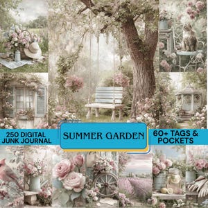 May include: A collage of images with a summer garden theme. The central image features a swing hanging from a large tree. Other images include flowers, a cat, a window, and text that reads "Summer Garden", "250 Digital Junk Journal", and "60+ Tags & Pockets".