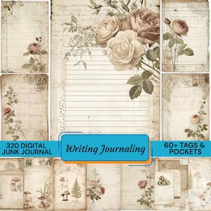 May include: A collection of digital junk journal pages with a vintage aesthetic. The pages feature lined paper, floral illustrations of roses, and handwritten script. The image includes the text "Writing Journaling", "320 Digital Junk Journal", and "60+ Tags & Pockets".