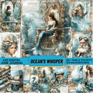 325 Ocean's Whisper Junk Journal Kit, Vintage Mermaid Digital Paper, Underwater Atlantis Ephemera, Nautical Pockets Tags PNG, Grafika Hub