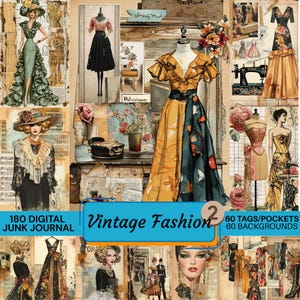 Peut inclure: Un kit de journal créatif numérique présentant des illustrations de mode vintage, incluant des robes sur mannequins, des machines à coudre, des motifs floraux et des textes. La collection comprend 180 éléments, 60 étiquettes, 60 poches et 60 fonds.