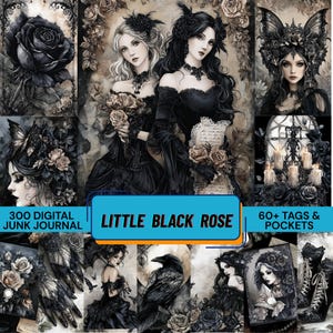 300 GOTHIC Little Black Rose Junk Journal Kit, 60 Tags - Pockets, Victorian Dark Fashion Ephemera, Raven & Rose Digital Paper, DIY Goth Kit