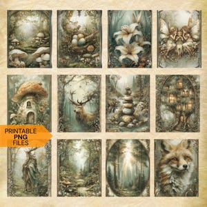 May include: A collection of twelve fantasy art prints featuring woodland scenes. The images include mushrooms, a deer, fairies, a fox, and a treehouse. The color palette is muted with greens, browns, and creams. The text "PRINTABLE PNG FILES" is visible on one image.