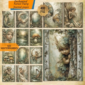 May include: A collection of digital journal pages with an enchanted forest fairy theme. The pages feature illustrations of fairies, butterflies, mushrooms, and forest scenes. The text in the image says "Enchanted Forest Fairy Journal pages" and "No Watermarks".