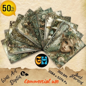 May include: A collection of digital art prints with a fantasy theme, featuring illustrations of fairies and forest scenes. The prints are in shades of green, brown, and beige, with the text "Wall Art Digital" and "Commercial use". A yellow circle indicates a 50% discount.
