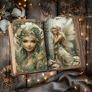 May include: An open book with illustrations of fairies. The left page features a close-up of a fairy with a floral crown and green eyes. The right page shows a fairy with wings and a floral dress. The book is on a wooden surface.