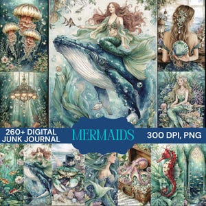 Peut inclure: Une collection d'impressions d'art numérique mettant en vedette des sirènes et la vie marine. Les images présentent des illustrations à l'aquarelle de sirènes, de baleines, de méduses et d'autres créatures marines dans des tons de bleu, de vert et de corail. Le texte sur l'image indique "260+ DIGITAL JUNK JOURNAL MERMAIDS 300 DPI, PNG."