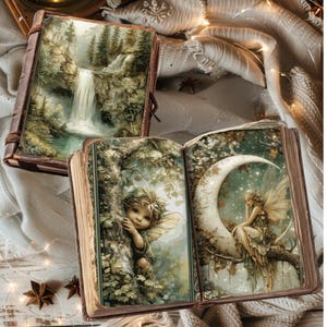 May include: Three open and closed antique books with fantasy illustrations. One book shows a waterfall scene, while the others feature fairies and a crescent moon. The books have brown leather covers and are surrounded by a soft, white blanket.