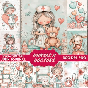 Peut inclure: Journal numérique avec des illustrations d'infirmières et de médecins. L'œuvre comprend des images d'infirmières avec des stéthoscopes, des ours en peluche et des cœurs. La palette de couleurs est douce, avec des roses, des bleus et des verts pastel. Le texte "Nurses & Doctors" est affiché dans une bannière rose.