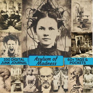 May include: A collage of vintage images with a theme of mental health and the asylum. The central image features a woman with wires attached to her head. The text "Asylum of Madness" is displayed on a blue banner, along with "330 Digital Junk Journal" and "60+ Tags & Pockets".