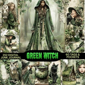 May include: Digital collage with a green witch theme. The image includes illustrations of witches, owls, a black cat, and a cauldron. Text on the image reads "Green Witch", "252 Digital Junk Journal", and "60 Tags & Pockets". The color scheme is predominantly green and earthy.