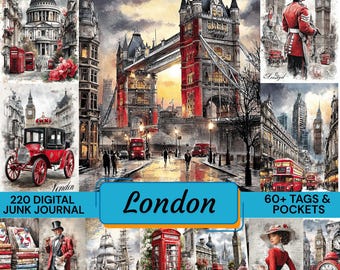220 London Junk Journal Kit, 60 Tags & Pockets, Vintage United Kingdom Ephemera, British Heritage Paper, Victorian London DIY Kit PNG 300DPI