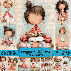 Peut inclure: Une collection numérique d'illustrations représentant des filles dans diverses poses, lisant, se balançant ou tenant des paniers de cerises. L'ensemble comprend 220 éléments de junk journal et 60 étiquettes et poches, intitulés Vintage Patchwork Girl & Cherry.
