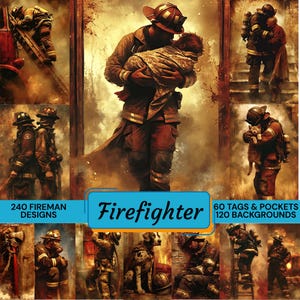 May include: A digital collage featuring multiple scenes of firefighters in protective gear, including carrying a child, rescuing a cat, and climbing ladders. The central text reads Firefighter, with additional text noting 240 fireman designs, 60 tags and pockets, and 120 backgrounds.