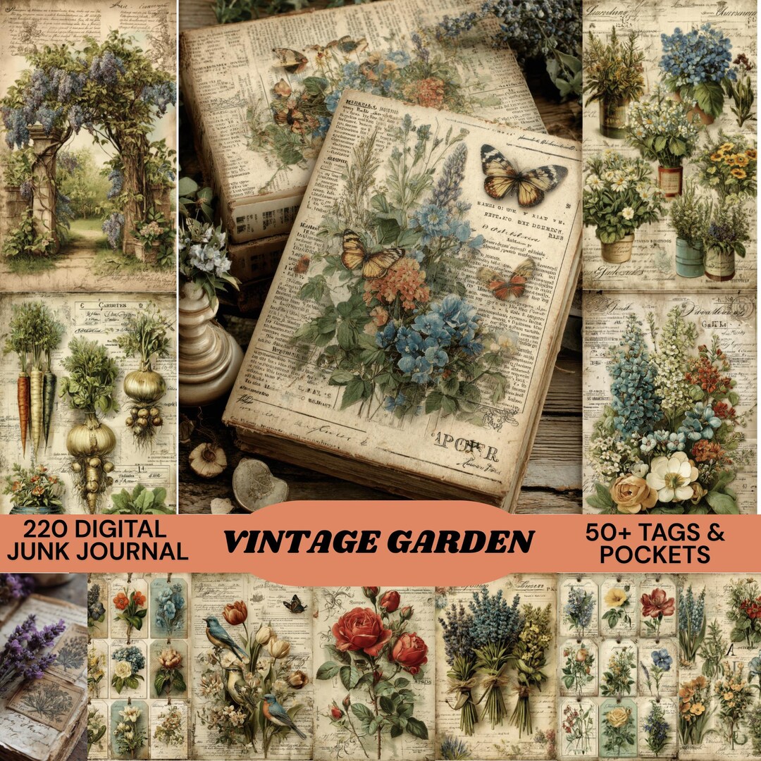 220 Vintage Garden Junk Journal Kit, +50 Tags & Pockets, Victorian ...