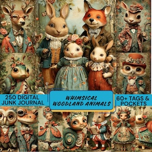 Könnte beinhalten: Ein digitales Junk-Journal mit skurrilen Waldtieren. Das Bild zeigt verschiedene anthropomorphe Tiere, darunter ein Hirsch, ein Fuchs, Kaninchen und eine Eule, in Vintage-Kleidung. Das Bild enthält auch den Text "Whimsical Woodland Animals" und "60+ Tags & Pockets."