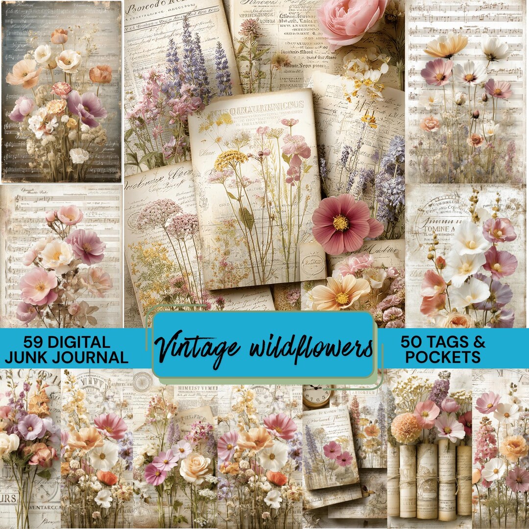 Vintage Wildflowers Junk Journal Pages, Shabby Chic Floral Digital ...