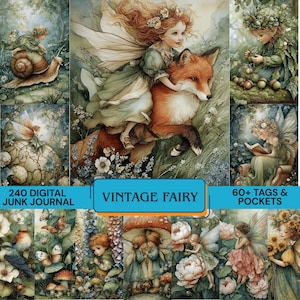 240 Vintage Fairy Junk Journal Kit, +60 Tags & Pockets, Enchanted Forest Ephemera, Whispering Wood Digital Paper, Magic Fae Clipart PNG