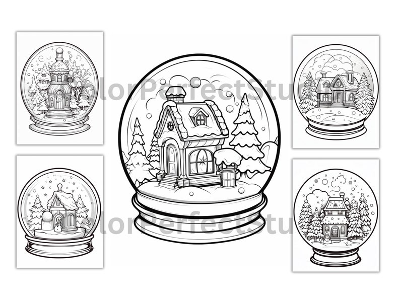 50 Christmas Snow Globes Coloring Page Book, Adults Kids Instant