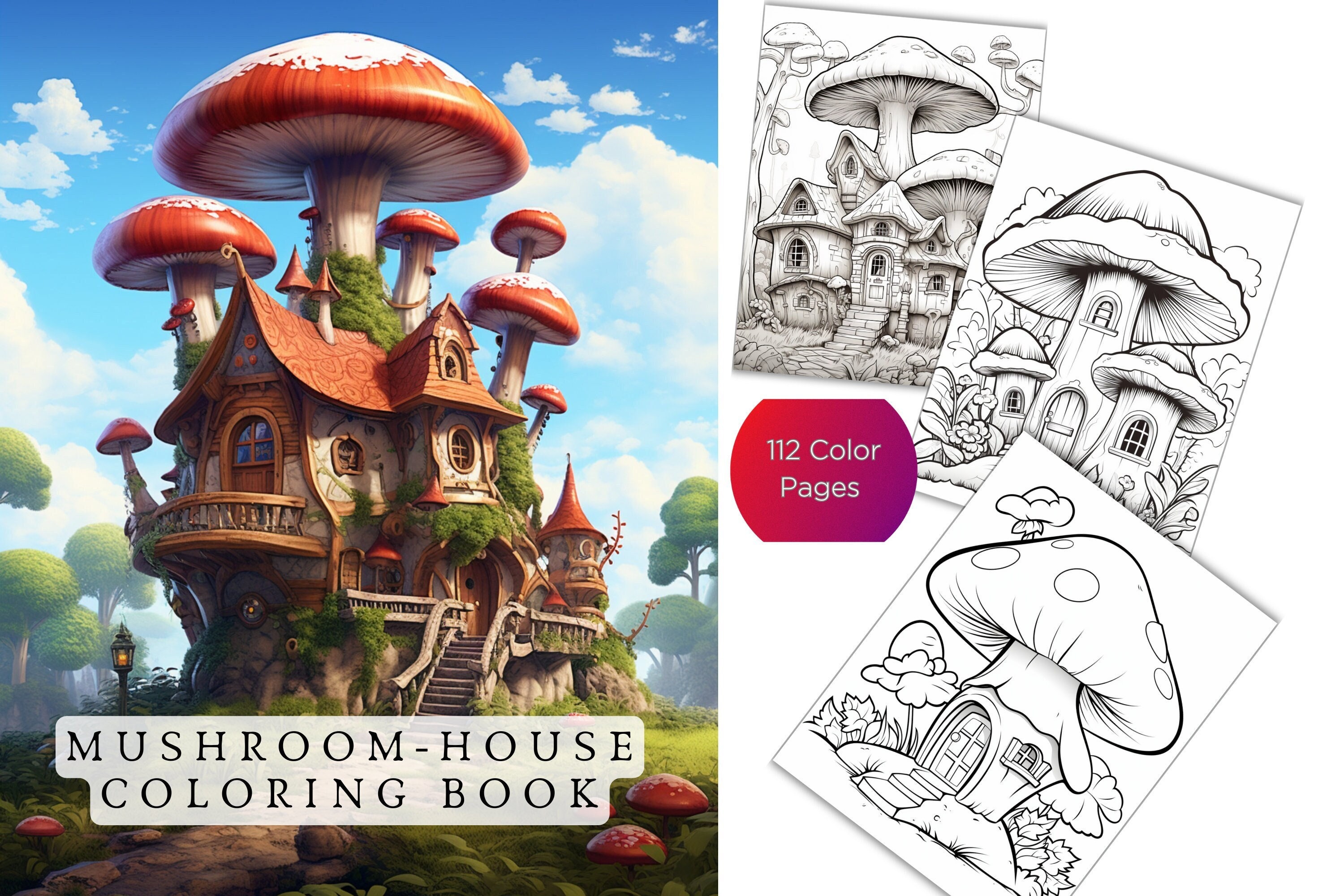 112 Mushroom Houses Coloring Page Book Adults Kids Instant - Etsy