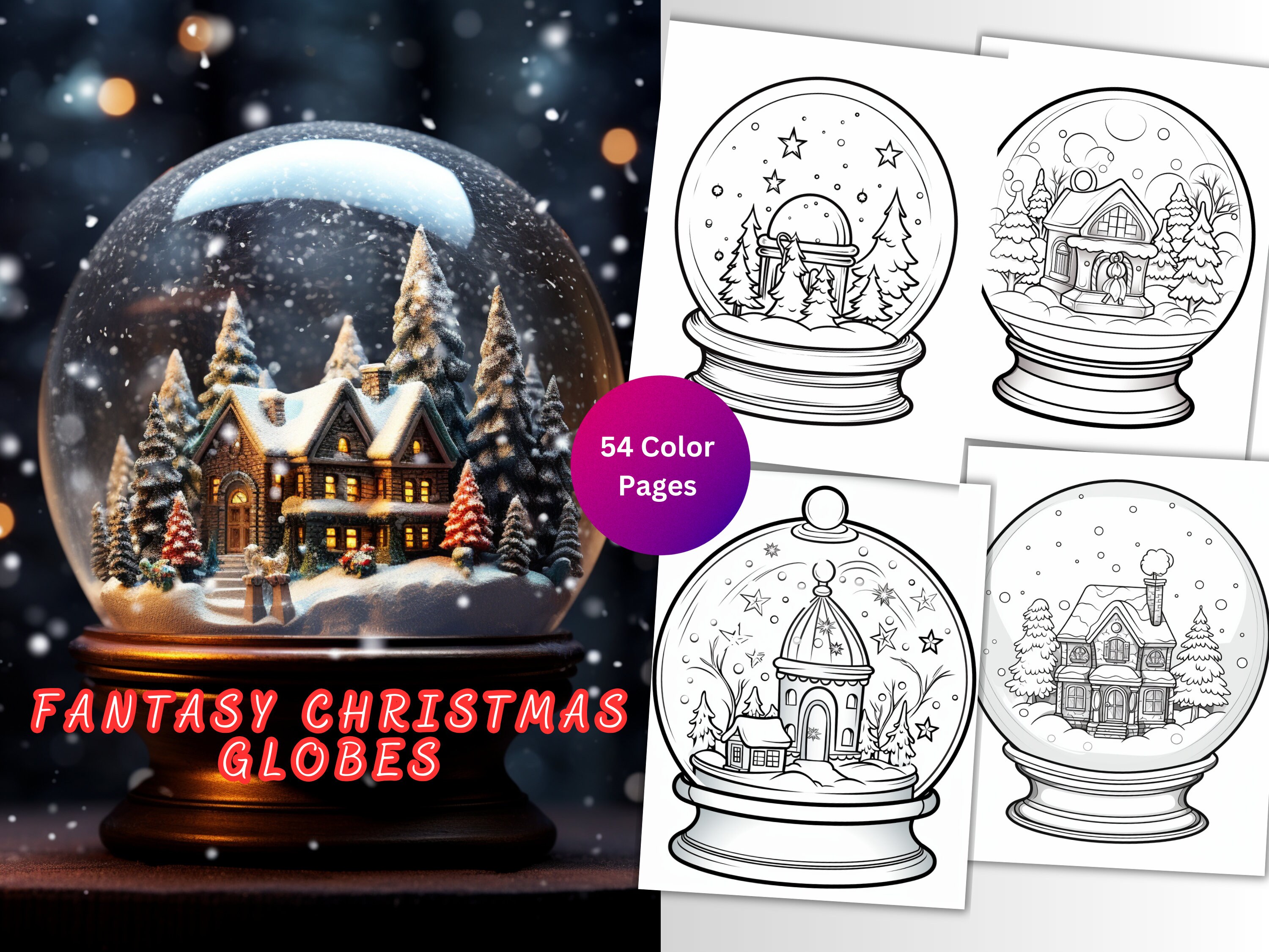 50 Christmas Snow Globes Coloring Page Book, Adults Kids Instant