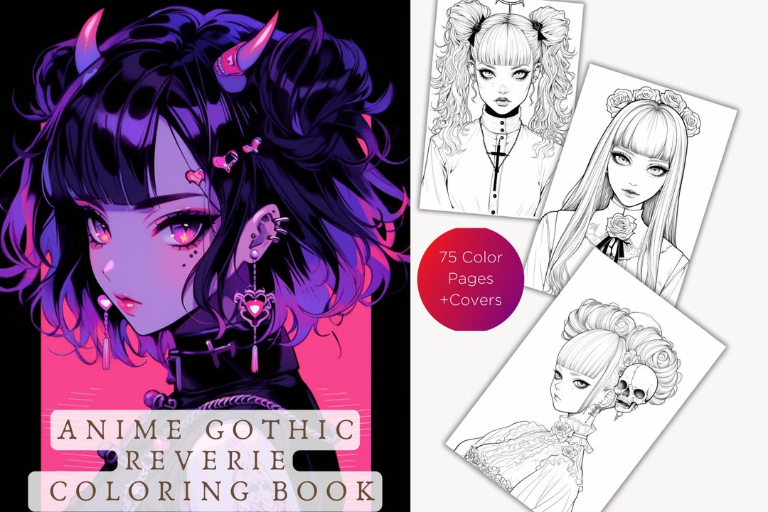 Anime Goth Girls Coloring Book 75 Page Manga Fantasy Greyscale Gothic ...
