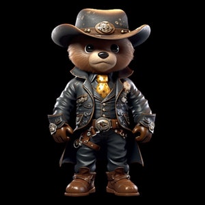 Pu&ograve; includere: Un orsacchiotto di peluche marrone che indossa una giacca di pelle nera, un cappello da cowboy marrone e una cravatta gialla. L'orso &egrave; in piedi con le mani sui fianchi.