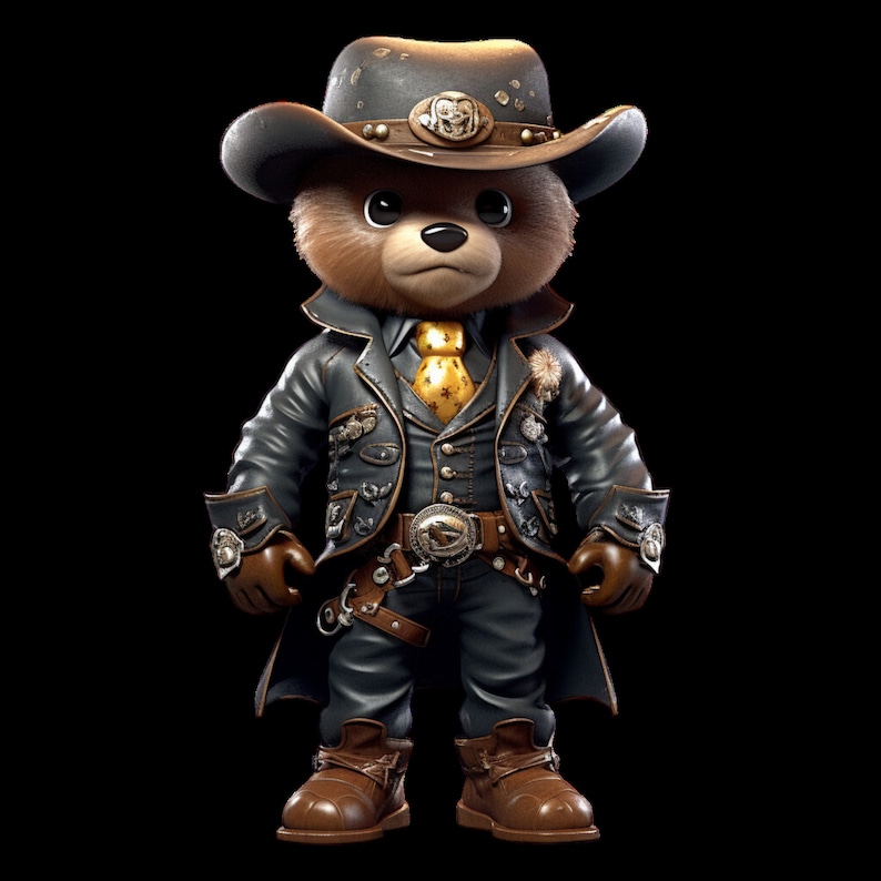 Pu&ograve; includere: Un orsacchiotto di peluche marrone che indossa una giacca di pelle nera, un cappello da cowboy marrone e una cravatta gialla. L'orso &egrave; in piedi con le mani sui fianchi.