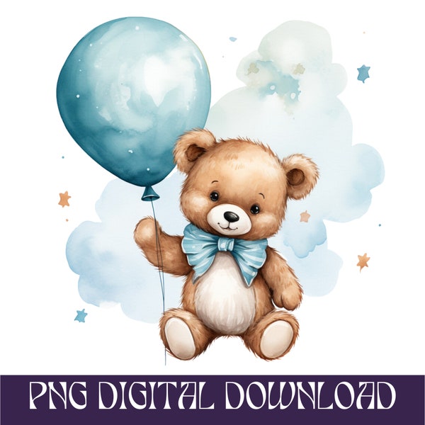 Cute baby boy shower Watercolor teddy bear svg PNG clipart instant dowmload