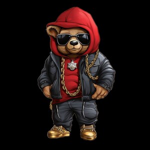 Dessin animé ours en peluche png lunettes de soleil hip hop money hustler svg rouge à capuche téléchargement immédiat