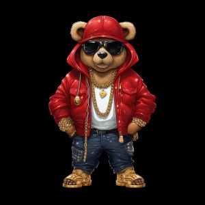 Cartoon Teddy bear png hip hop money hustler svg red coat golden chain instant download