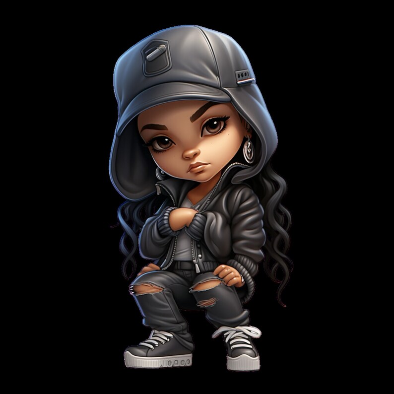 May include: A cartoon illustration of a young person wearing a black hooded jacket, ripped jeans, and a gray baseball cap. The person has dark hair and brown eyes.