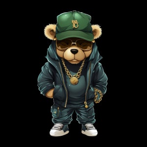 Cartoon Teddy bear png hip hop money hustler svg golden chain instant download