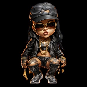 May include: A cartoon illustration of a person wearing a black leather jacket, black pants, and a black baseball cap with a gold chain necklace. The person has black hair, brown eyes, and a gold nose ring.