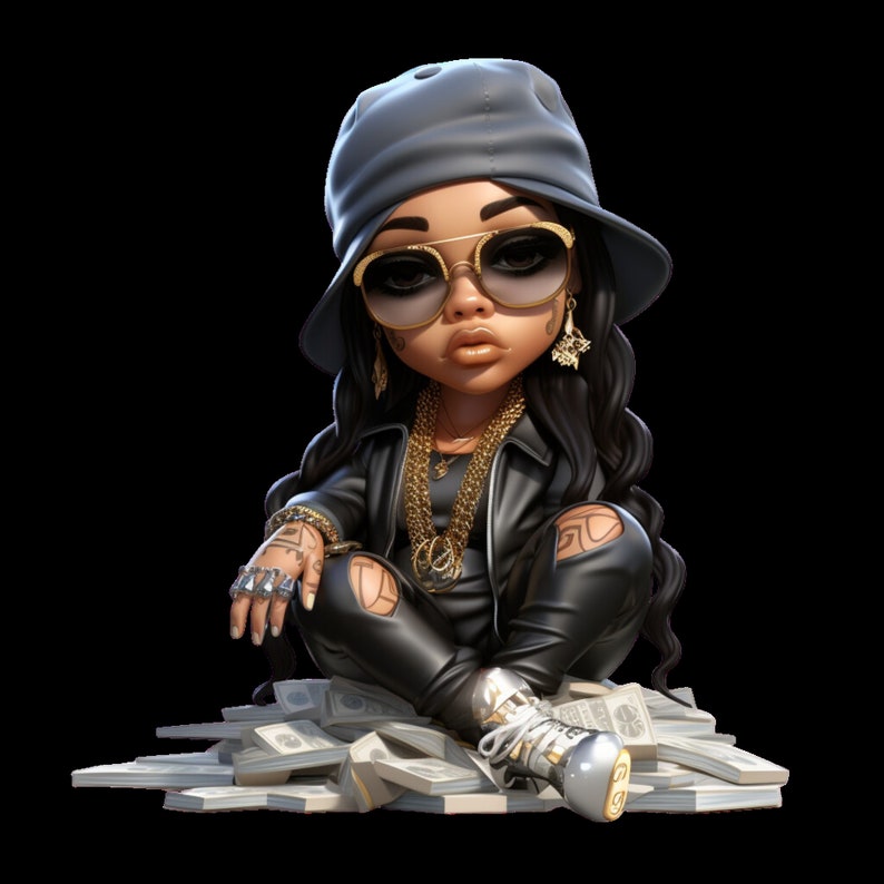May include: A cartoon illustration of a person wearing a black leather jacket, black pants, a gray hat, and sunglasses. The person is sitting on a pile of cash.