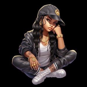May include: A woman wearing a black leather jacket, a white t-shirt, black pants, and white sneakers. She is wearing a black baseball cap with a gold logo, gold jewelry, and a gold watch. She is sitting with her legs crossed and her hand on her chin.