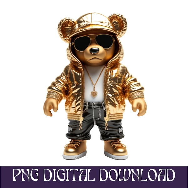 Cartoon Golden Teddy bear png hip hop money hustler svg instant download