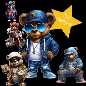 Pacchetto png di orsacchiotto di cartone animato Download istantaneo di denaro dorato hip hop svg hustler