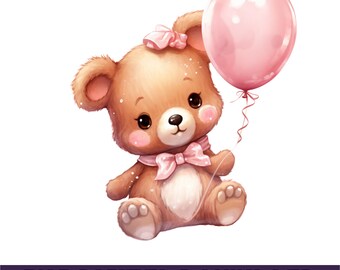 Cute Baby Girl Shower Watercolor Teddy Bear Svg PNG Clipart Instant ...