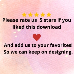 Pu&ograve; includere: Uno sfondo acquerellato rosa e bianco con una valutazione a cinque stelle e il testo "Per favore, valutaci con 5 stelle se ti &egrave; piaciuto questo download. E aggiungici ai tuoi preferiti! In modo che possiamo continuare a progettare."