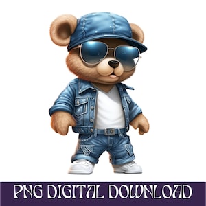Cartoon blue denim Teddy bear png hip hop money hustler svg instant download