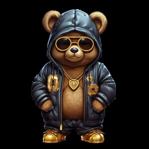 Dope Cartoon Teddy bear golden sunglasses png hip hop hustler instant download