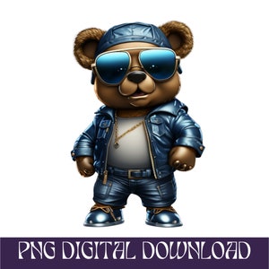 Cartoon blue denim Teddy bear png hip hop money hustler svg sunglasses instant download